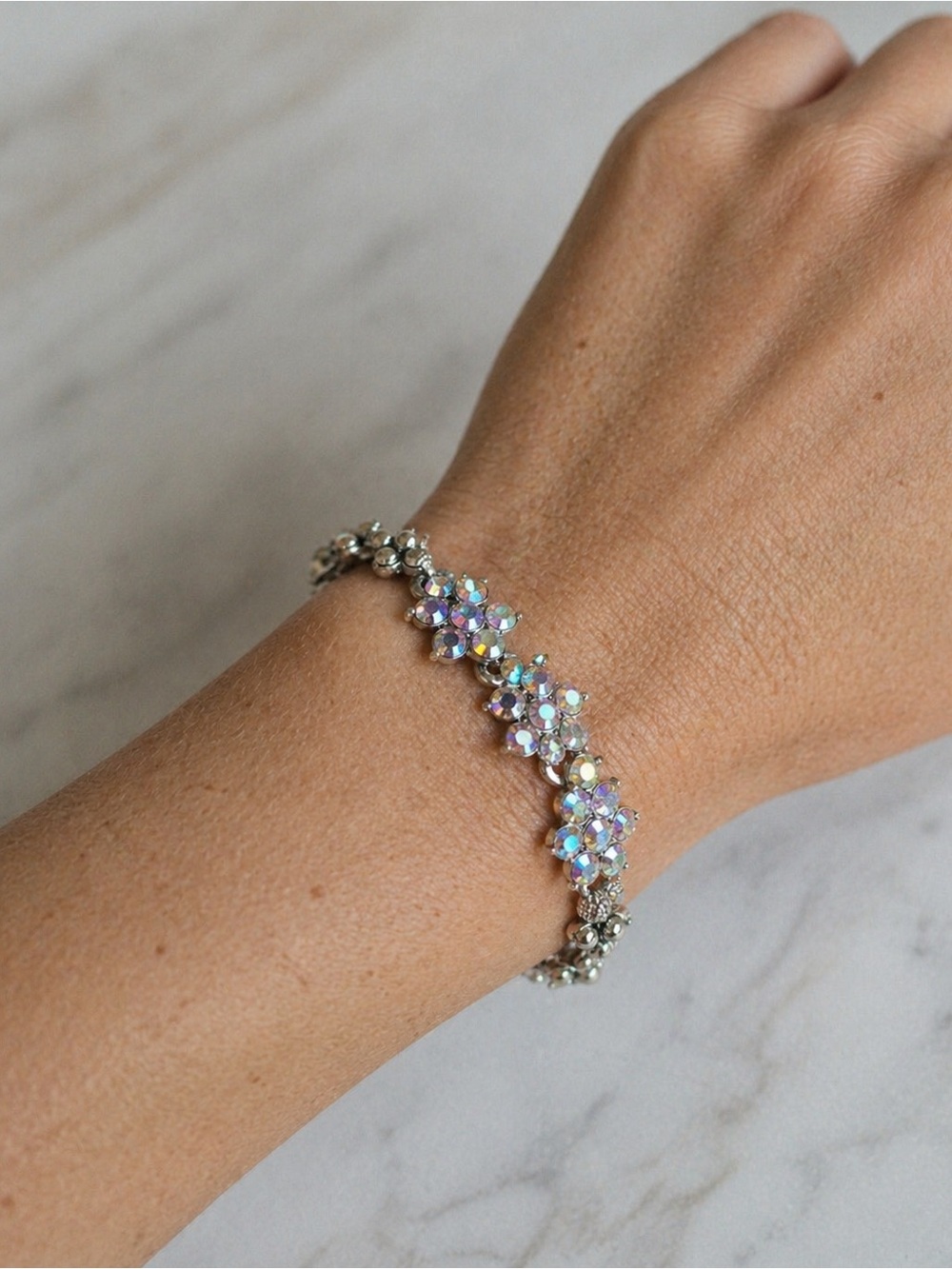 Iridescent Crystal Flower Bracelet - Silver Tone